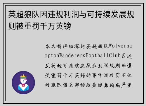 英超狼队因违规利润与可持续发展规则被重罚千万英镑